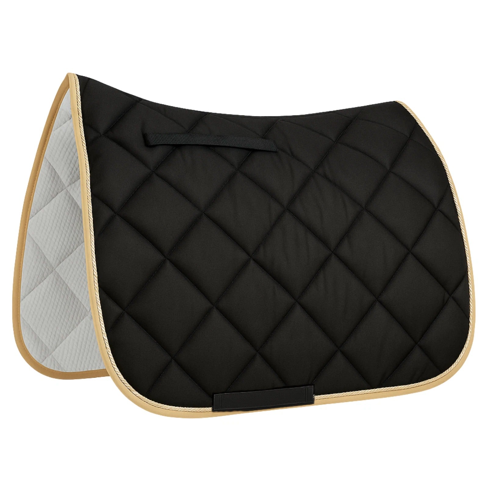 Black quilted saddle pad with beige edges on a white background
